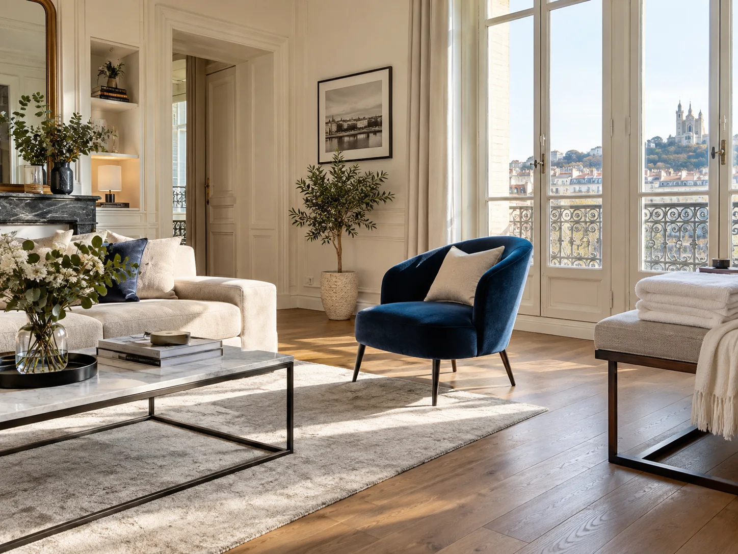 Illustration d’un intérieur lyonnais lumineux, avec un fauteuil bleu et du linge plié.